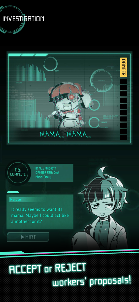 INSECTARIUM ALTERNATIVE MARCH - An investigation screen in the game Insectarium Alternative March where a worker named Naruse proposes a plan regarding a creepy doll entity.