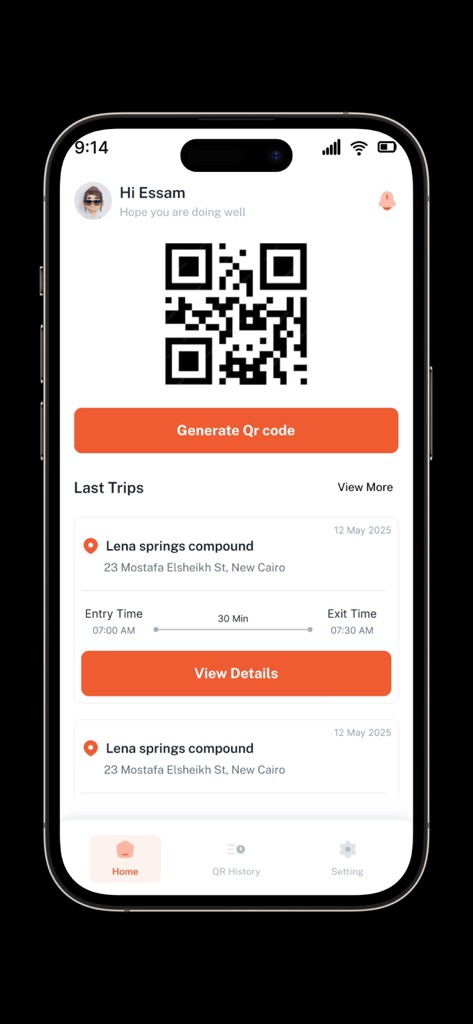 Quick Pass - Pantalla de inicio de la aplicación móvil Quick Pass que muestra un código QR generado para el acceso a la comunidad privada y los registros de viajes recientes.