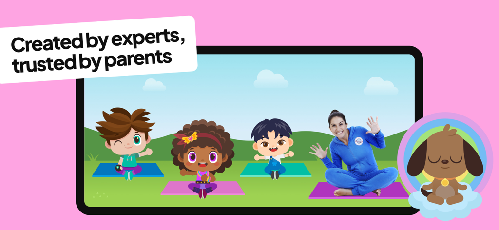 Enfants animés et un instructeur pratiquant le yoga dans l'application d'apprentissage Papumba.