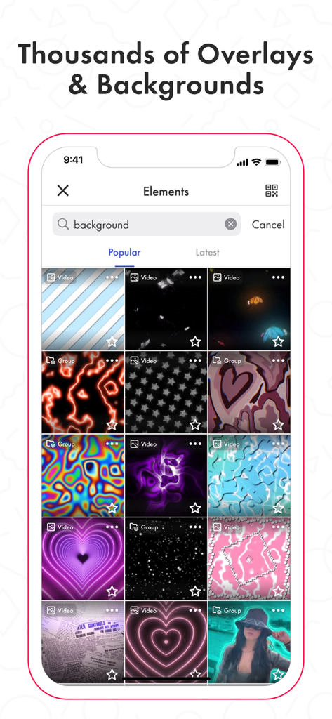 Funimate video editor screenshot showing a library of creative backgrounds and overlays for video editing