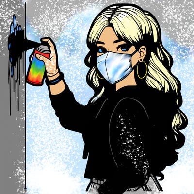 realistic girl with mask spray painting a wall