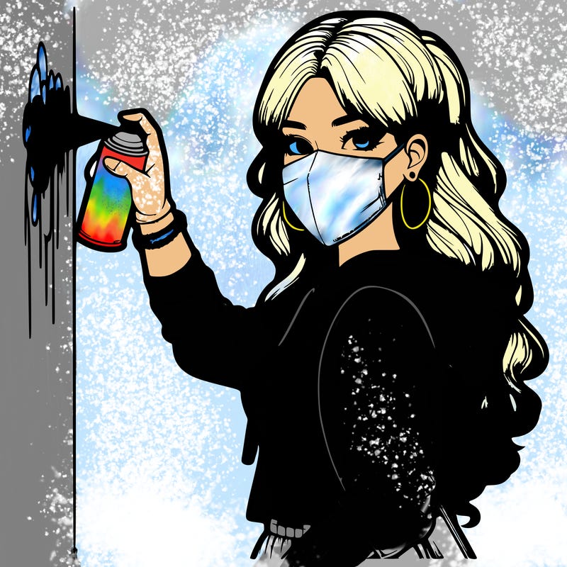 realistic girl with mask spray painting a wall