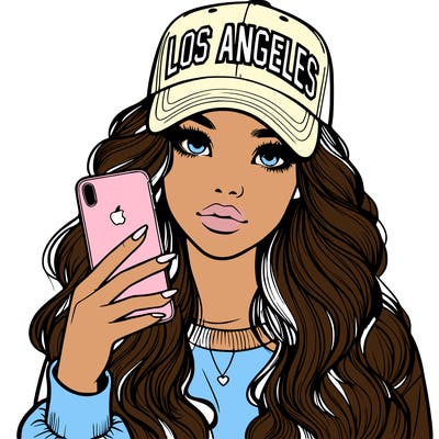 realistic beautiful girl wearing los ángeles cap holding an iphone