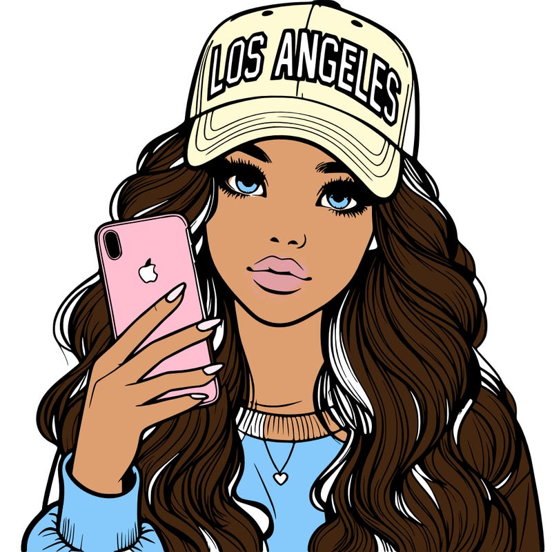 realistic beautiful girl wearing los ángeles cap holding an iphone
