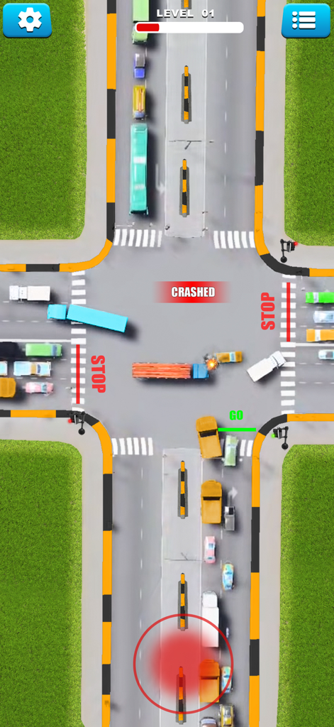 A top-down view of a car crash occurring at a busy four-way intersection in the Highway Traffic Control Game