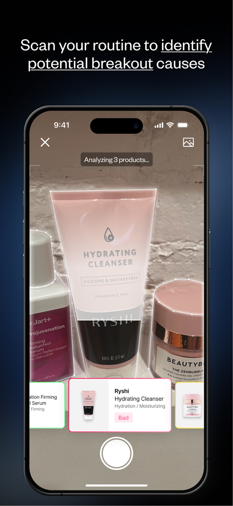 Thea - Start Your Glowup - Smartphone interface showing the Thea app scanning skincare products to identify ingredients causing breakouts.