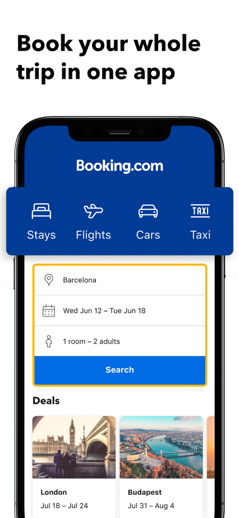 Booking.com Mobile-App-Oberfläche mit Optionen zur Buchung von Unterkünften, Flügen, Mietwagen und Taxis an einem Ort