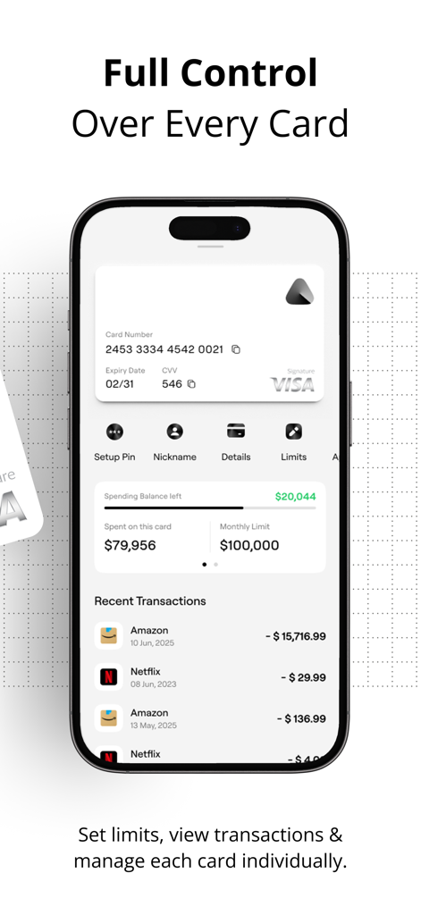 Avici: Internet finance - Avici app interface showing a virtual Visa card with spending limits, balance, and recent transaction history.