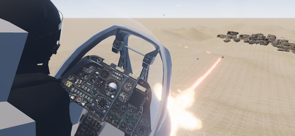 C-RAM CIWS simulator - Vista em primeira pessoa da cabine de um caça disparando armas em uma simulação de ambiente desértico