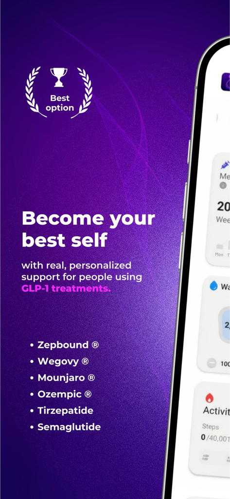 OzemPro: GLP1 Tracker - Pantalla de la aplicación rastreadora OzemPro GLP-1 mostrando soporte para medicamentos Ozempic, Wegovy y Zepbound