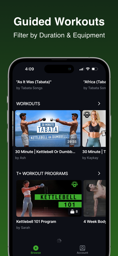 Tabata Songs Plus - A smartphone displaying a library of guided Tabata workouts and training programs filtered by equipment and duration
