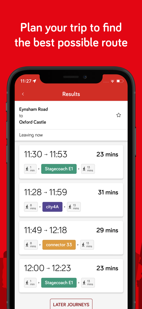 Oxford Bus and Thames Travel - Oxford Bus app interface showing journey planning results for travel routes in Oxford