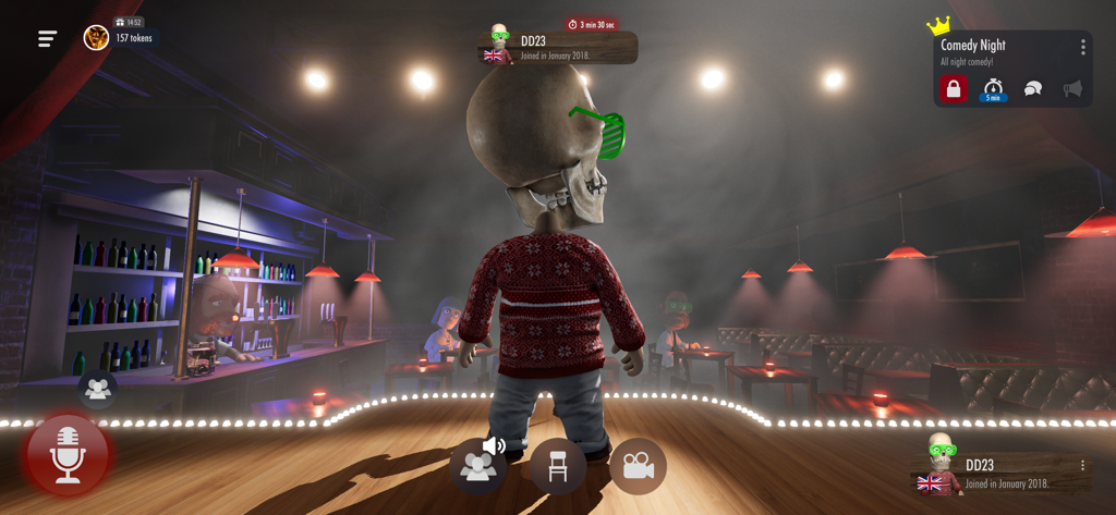 Comedy Night - The Voice Game - A skeleton avatar performing stand up comedy on a virtual stage in the Comedy Night app