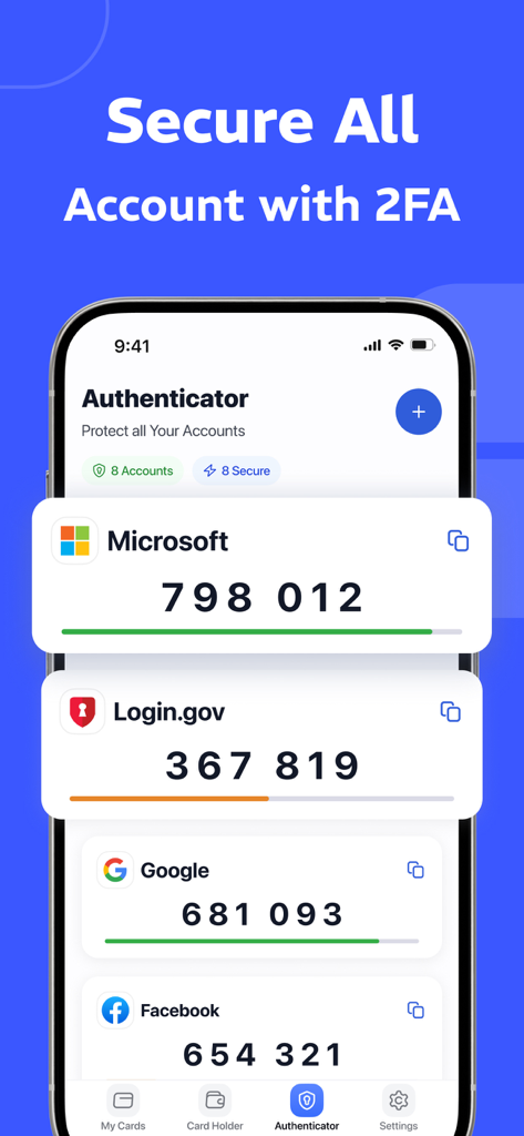 Pantalla de smartphone mostrando la aplicación Authenticator con códigos de seguridad de autenticación de dos factores para cuentas de Microsoft y Google.