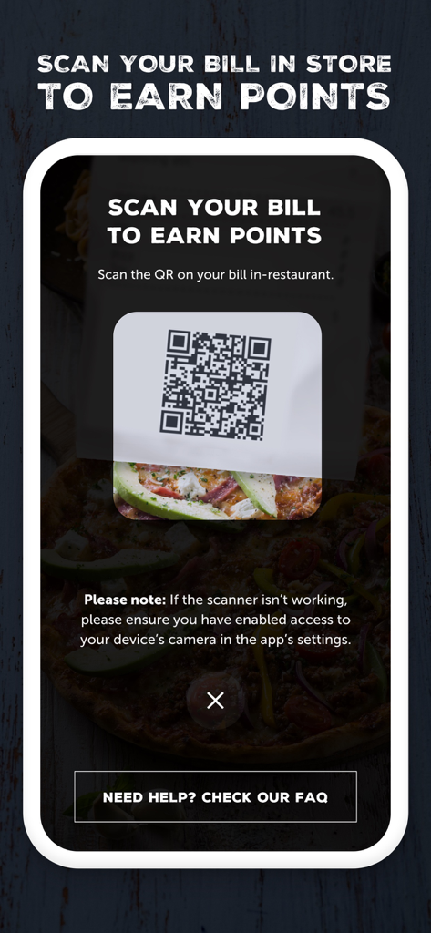 Panarottis app screen showing how to scan a restaurant bill QR code to earn loyalty points.