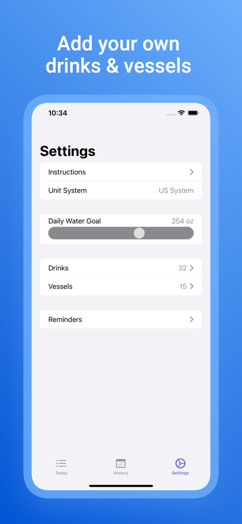 My Water Tracker+  Waterminder - Pantalla de configuración de la aplicación de seguimiento de agua que muestra opciones para personalizar los objetivos diarios de agua y agregar bebidas y recipientes personalizados.