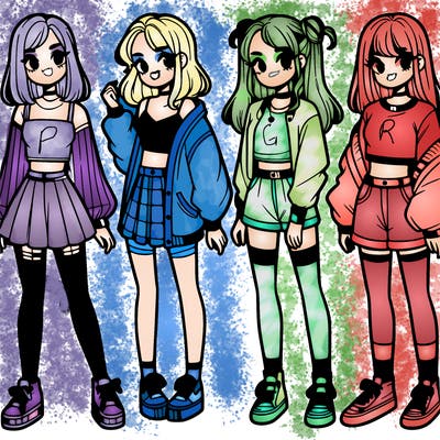 one girl with crop-top shirt and a jacket with a skirt, long socks and another girl with a shirt and pants with a jacket