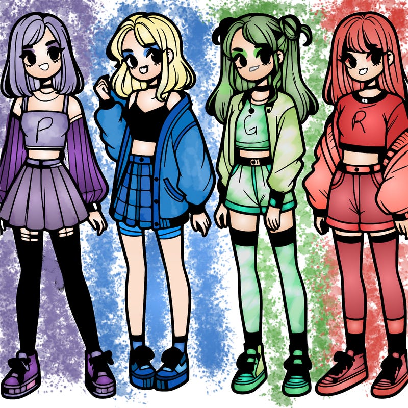 one girl with crop-top shirt and a jacket with a skirt, long socks and another girl with a shirt and pants with a jacket