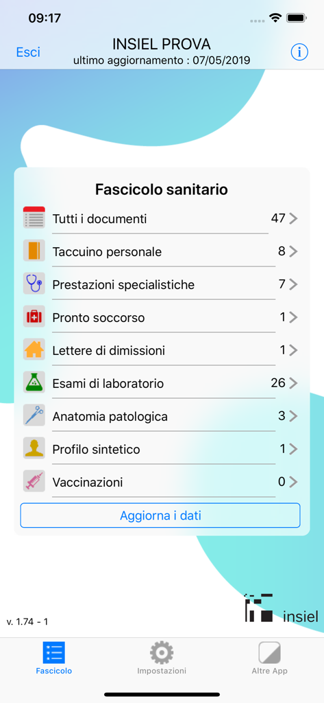 Sesamo FSE - Sesamo FSE app dashboard displaying electronic health record categories and document counts