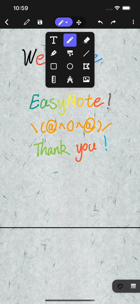 EasyNote: Note, Handwrite, PDF - Colorful handwritten notes and a tool palette in the EasyNote mobile app interface.