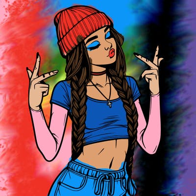 realistic teenage girl with braids and a beanie and crop top doing 🫶🏼