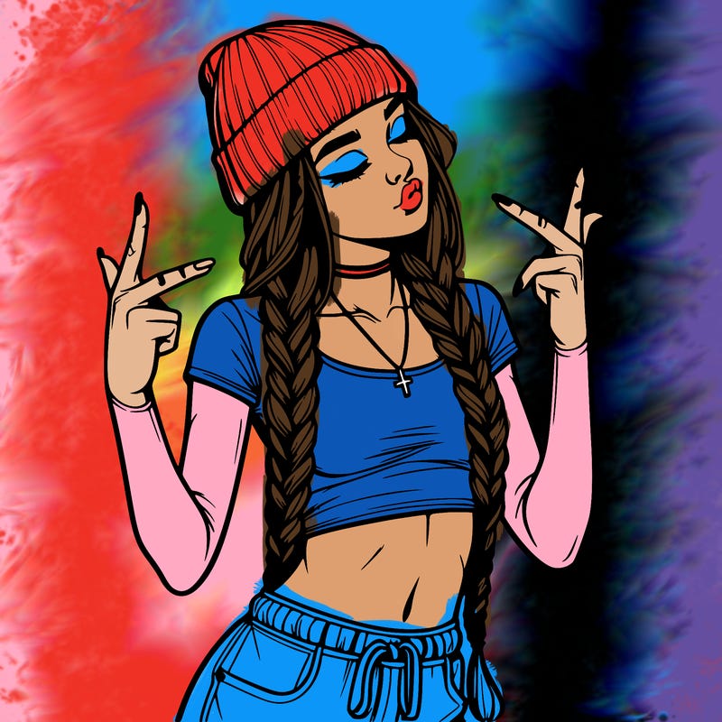 realistic teenage girl with braids and a beanie and crop top doing 🫶🏼