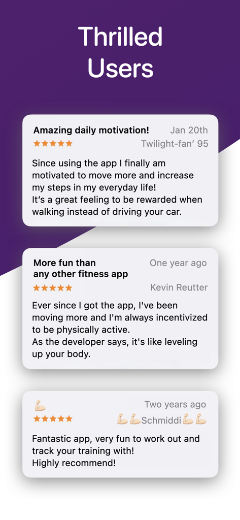 Treeceps: Fitness Workout Game - Five star user reviews and testimonials for the Treeceps fitness workout game showing app motivation and user satisfaction