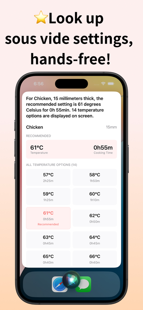Suvy - Sous Vide Voice Calc - Suvy app interface displaying hands-free sous vide cooking settings for chicken via Siri