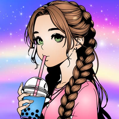 realistic girl with braided hair drinking boba