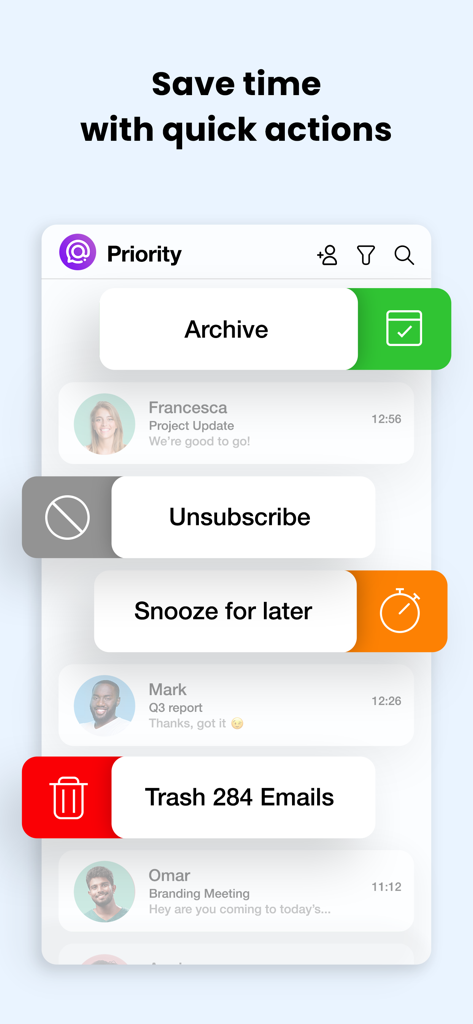 Spike: AI Email & Team Chat - Interfaz de la aplicación móvil Spike mostrando acciones rápidas como archivar, cancelar suscripción y posponer para una gestión eficiente del correo electrónico