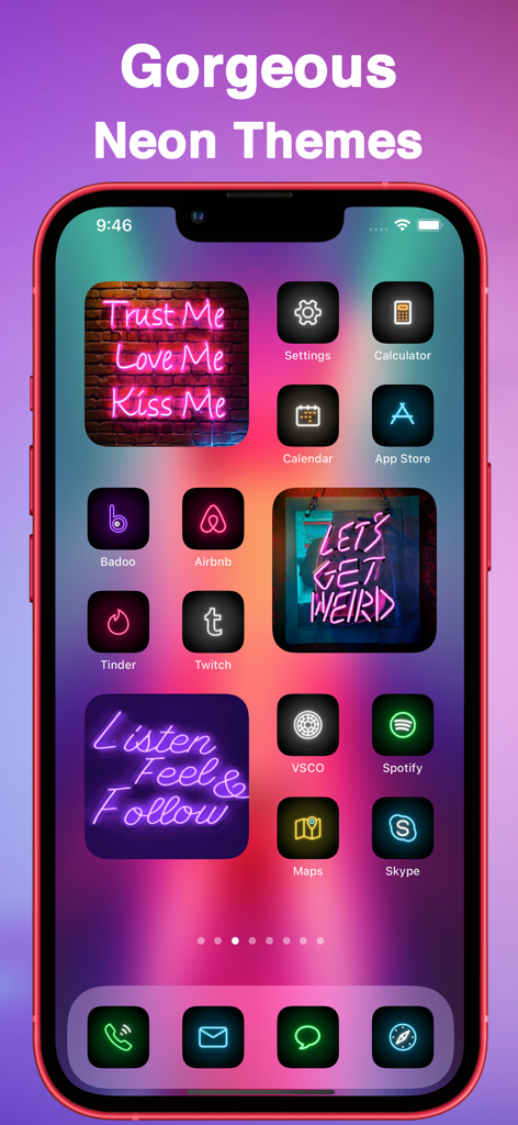 Themery - Widget & Icon Themes - A stylish iPhone home screen setup with neon colored app icons and glowing text widgets using the Themery app