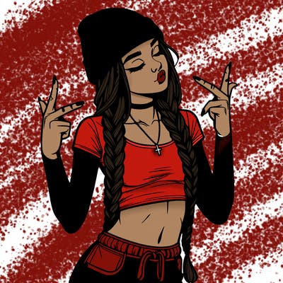 realistic teenage girl with braids and a beanie and crop top doing 🫶🏼