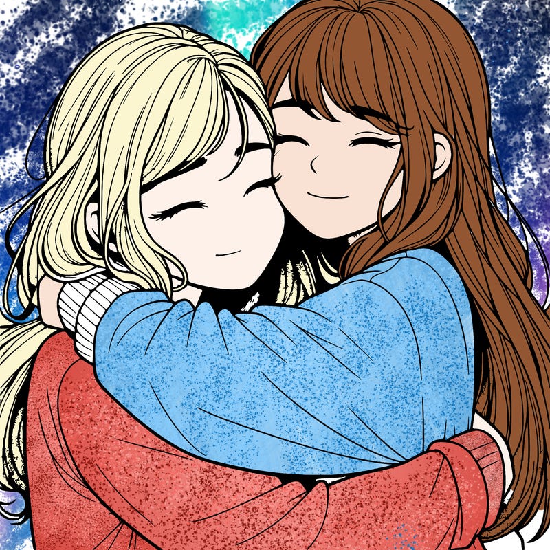 realistic two girls hugging