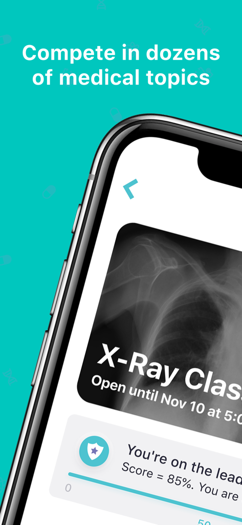 DiagnosUs - Tela de smartphone mostrando o aplicativo DiagnosUs com um desafio de classificação de raio-X e uma pontuação de 85 por cento no ranking