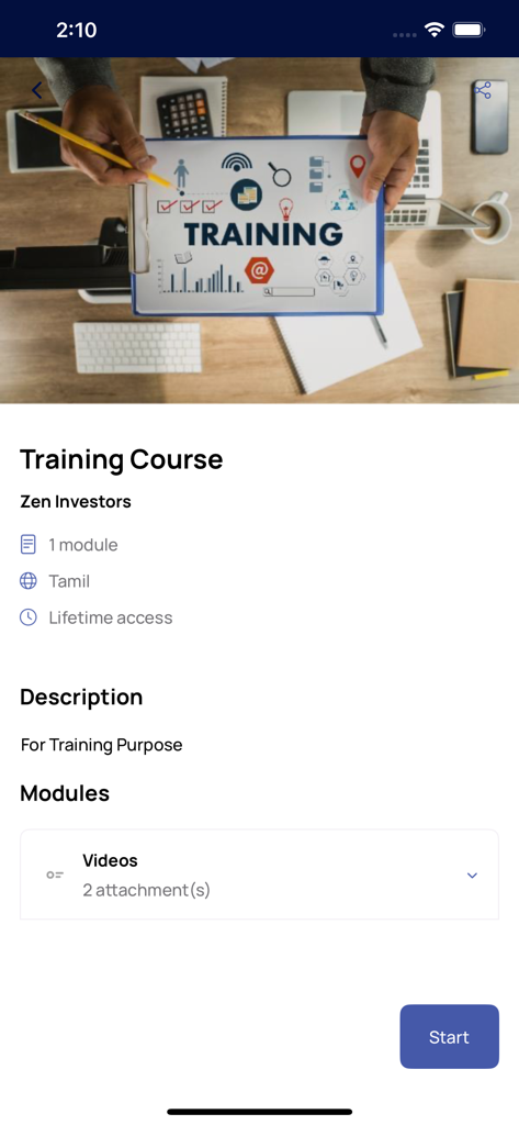 Zen Investor - Zen Investor App-Bildschirm, der eine Schulungskursübersicht mit lebenslangem Zugang und Videomodulen zeigt.