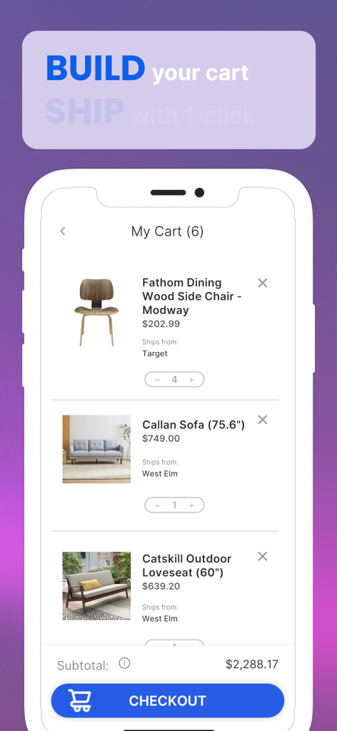 A shopping cart screen in the Realize app showing furniture from various brands and a checkout button