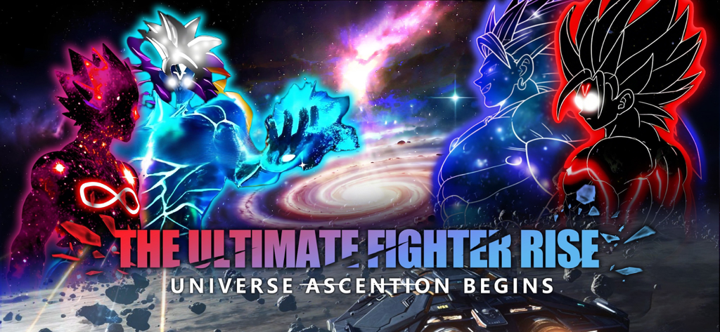 Four powerful glowing heroes in a cosmic space battle setting