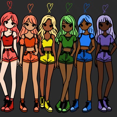 a group of girls wearing crop tops and shorts