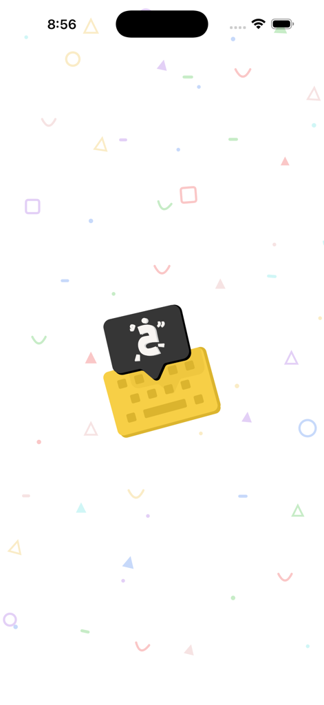 Splash screen of the Arabic Decorated Keyboard app featuring a yellow keyboard icon and colorful geometric patterns
