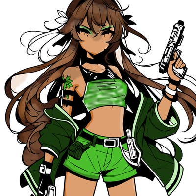 bad girl wearing crop top holding a gun long hair anime