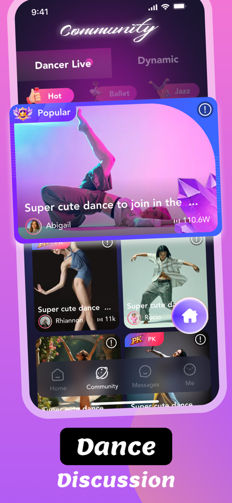 Teyo: Video Chat & Fun Talk - Teyoアプリのコミュニティ画面。人気のあるダンスビデオとディスカッションを表示。