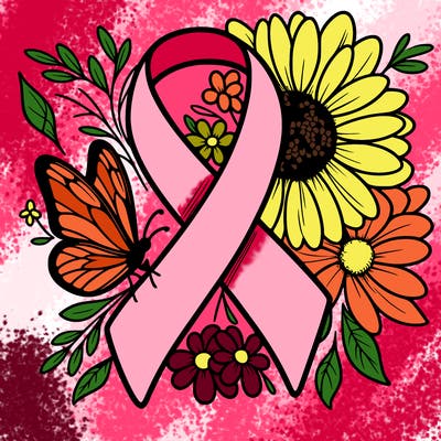 cancer awareness symbol with flowers and butterflies