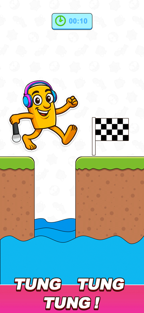 Tricky Mind Brainrot Challenge - Yellow cartoon character with headphones jumping over a gap towards a finish line flag in a mini game