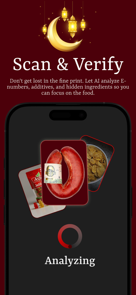 Halal Product Scanner app interface showing AI analyzing food products like sausage and snacks to verify halal status.