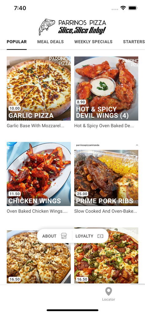 Parrinos Pizza App - Popular menu items including garlic pizza and chicken wings on the Parrinos Pizza mobile ordering app.