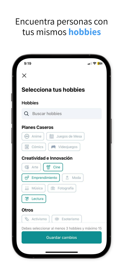 hobi - Friends & Plans - Mobile screen showing the hobi app hobby selection interface with categories for games cinema and entrepreneurship