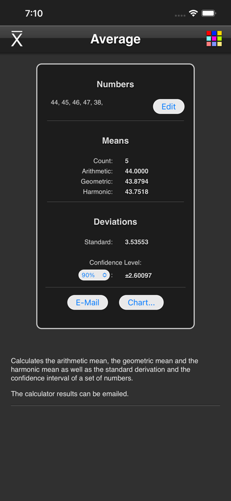 Average Calculator - 평균, 기하 평균 및 조화 평균과 표준 편차를 포함한 통계 결과를 보여주는 평균 계산기 앱 인터페이스