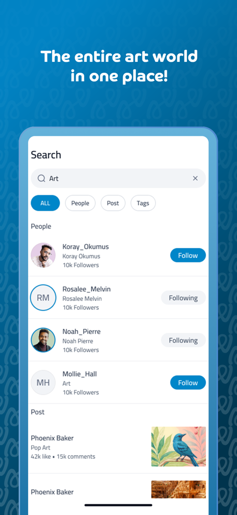 Artook - A search interface within the Artook app showing various artist profiles and a digital illustration of a bird