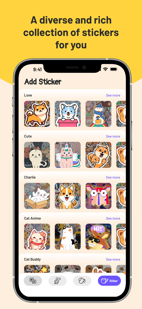 Pantalla de teléfono inteligente mostrando varias categorías de lindas pegatinas de dibujos animados de perros y gatos