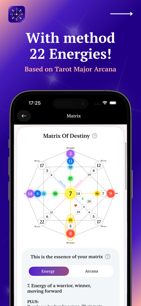 22 Energies: Destiny Matrix - Screenshot of the 22 Energies app showing a detailed Destiny Matrix diagram based on Tarot Major Arcana